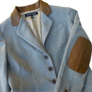 Anne Klein Wool Plaid Blazer Leather Collar Elbow Patches Lined Jacket  6P